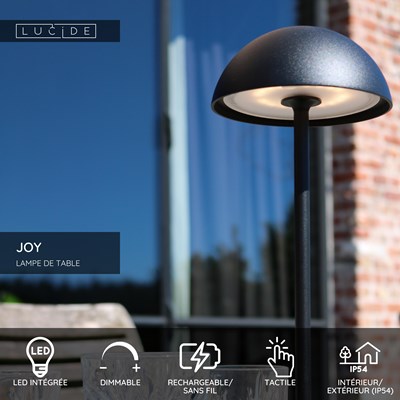 Lucide JOY - Lampe de table Rechargeable Intérieur/Extérieur - Batterie/Piles - Ø 12 cm - LED Dim. - 1x1,5W 3000K - IP54 - Noir